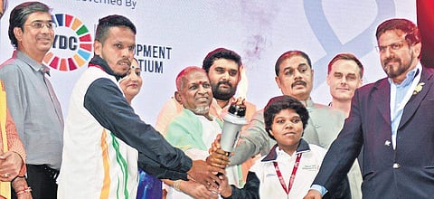 Music maestro Ilaiyaraaja (C) inaugurates the Special Olympics International Football Championship at JN Stadium in Chennai, on Saturday | D Sampath Kumar