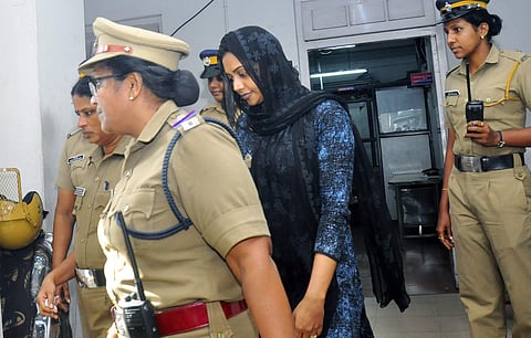 Police take Wafa Firoz after recording her statement in connection with the drunk driving accident that killed a journalist near Museum junction on Saturday. (Photo | Vincent Pulickal, EPS)