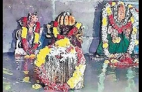 Submerged idols at Sangameswara temple on Sunday | Express