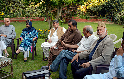 National Conference President Farooq Abdullah, PDP President and former chief minister Mehbooba Mufti and other leaders during an all party meeting regarding the current situation in Kashmir in Srinagar. (Photo | PTI)