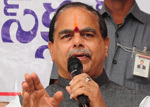 Andhra Pradesh Assembly speaker Tammineni Seetaram during 'Meet the Press' at the press club in Vijayawada on Sunday (Express photo | Prasant Madugula)