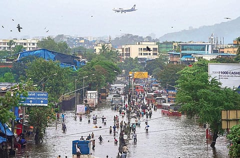 A waterlogged LBS Marg after water rose in Mithi river due to incessant rains in Mumbai on Sunday| pti