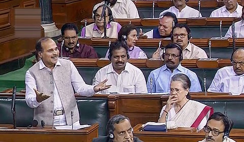 Congress MP Adhir Ranjan Chowdhury speaks in the Lok Sabha during the ongoing Budget Session of Parliament in New Delhi . (Photo | PTI)