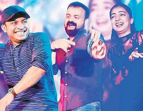 Soubin Shahir (L), Kunchacko Boban and Nazriya Nazim (R) at Ambili audio launch