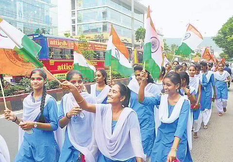 ABVP members take out a rally in Visakhapatnam on Monday to celebrate Centre’s decision of scrapping of Article 370 I EPS, G satyanarayana