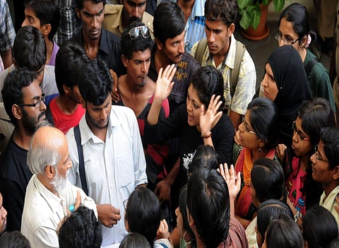 Students engaged in a heated argument with the university officials near the administration block of the UoH (File Photo | Sai Ramesh, EPS)