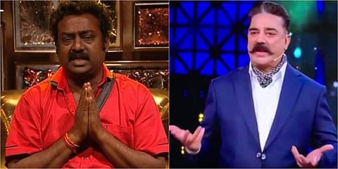 L-R: Bigg Boss Tamil 3 contestant Saravanan and show's host Kamal Haasan. (Videograbs)
