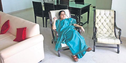 Former external affairs minister Sushma Swaraj at her new residence in Dhawandeep building on Jantar Mantar road in New Delhi. She had vacated her official residence in June | Shekhar Yadav