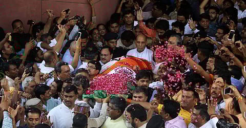 Defence minister Rajnath Singh, BJP working president JP Nadda, Law & Justice minister Ravi Shankar Prasad, former Madhya Pardesh CM Shivraj Singh Chauhan and others with the mortal remains of former external affairs minister Sushma Swaraj. (Photo | Shekh