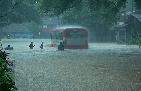 People wading through flooded road in Kozhikode. (Photo | T P Sooraj, EPS)