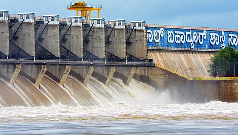 Water gushing from Almatti dam in Vijayanagara district, Karnataka. (Photo | D Hemanth, EPS)
