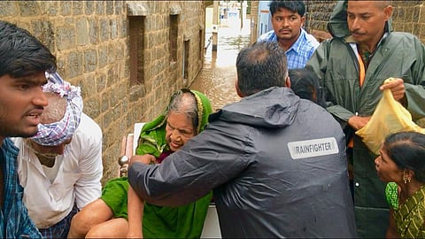 97-year-old Chandrava Solabavi was rescued in the floods in floods in Malali village near Mudhol in Karnataka on 8 August 2019. (Photo | EPS)