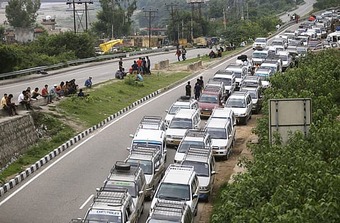 Taxis stand parked during restrictions in Jammu on Aug 9 2019. (Photo | PTI)