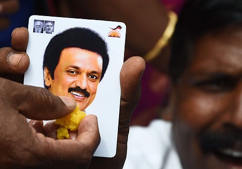 Soon after the Vellore bypoll results were declared, DMK members celebrated the victorious moment at their party headquarters in Chennai. (Photo | Ashwin Prasath, EPS)