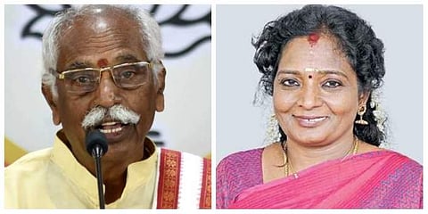 Newly appointed governors Former Union minister Bandaru Dattatreya (L) and TN BJP chief Tamilisai Soundararajan (R).