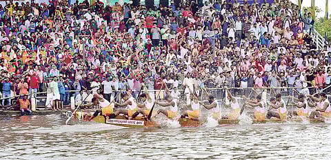 Nadubhagom Chundan powering its way to victory in the Nehru Boat Race held at Punnamada lake in Alappuzha | Albin Mathew