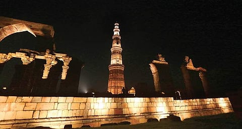 An illuminated Qutub Minar at Mehrauli in New Delhi on Saturday. (Photo | Shekhar Yadav, EPS)
