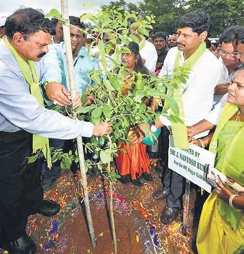 TRS leader Joginapally Santosh Kumar lays foundation stone for the Keesara Eco-Tourism and Urban Forest Parks on Saturday. (Photo | EPS)