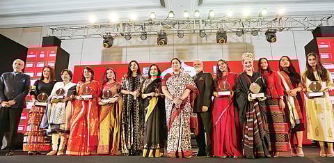 (L-R) Chairman & Managing Director of The New Indian Express Group Manoj Kumar Sonthalia, Lalsangzeli, Temsutula Imsong, Ekta Jaju, Pritha Chakraborty, Ritu Agarwal, Madhu Neotia, Union Minister Smriti Irani, TNIE Editorial Director Prabhu Chawla, Sujata