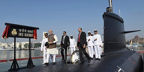 PM Modi at the commissioning of the first Scorpene-class submarine INS Kalvari in 2017. (File | PTI)