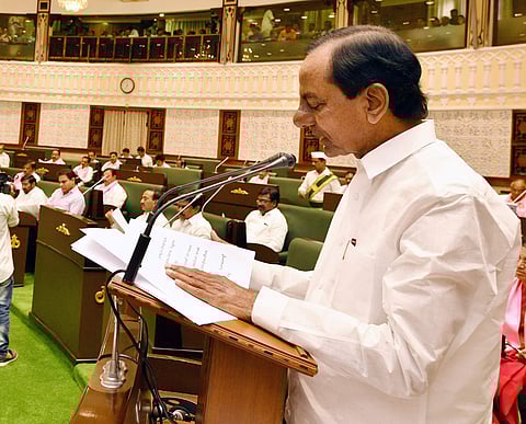 Chief Minister K Chandrasekhar Rao presenting budget for the year 2019-20 during Assembly budget session in Hyderabad on Monday. (Photo | EPS)