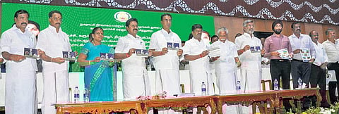 State Ministers releasing a booklet on rain water harvesting in Tiruchy on Monday | M K Ashok Kumar