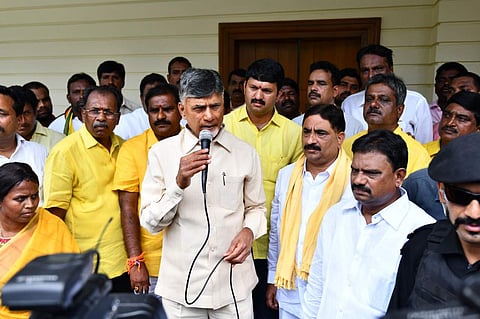 TDP national president Chandrababu Naidu addressing media who was house arrested at Tadepalli near Vijayawada on Wednesday. (Photo | EPS)