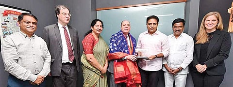 IT and Industries Minister KT Rama Rao felicitates Joel Reifman, US Consulate General in Hyderabad, on Wednesday |Express