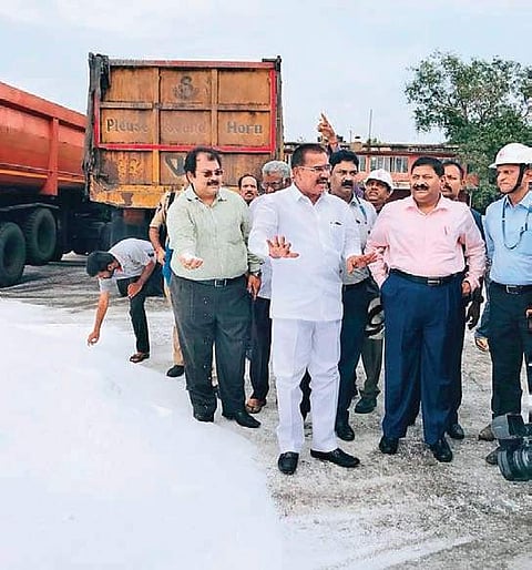 Agriculture Minister S Niranjan Reddy inspects a mound of urea at Gangavaram Port near Visakhapatnam in Andhra Pradesh on Thursday | Express