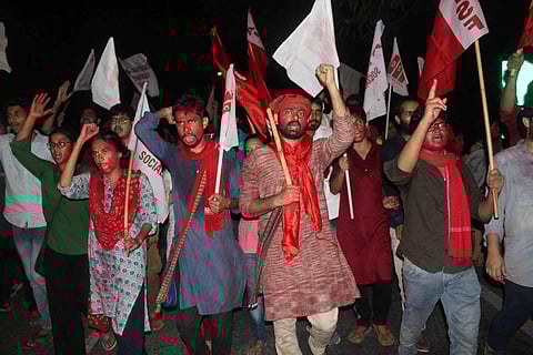 Aishe Ghosh of SFI, Saket Moon of DSF, Satish Chandra Yadav of AISA and Md. Danish of AISF (Photo | SFI JNU Unit Twitter)