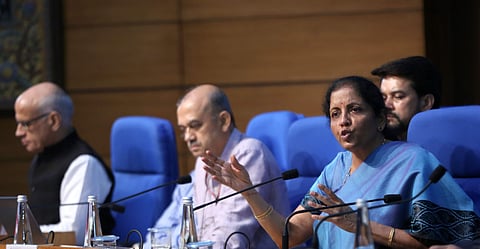 Union Finance minister Nirmala Sitharaman adresses a press conference in New Delhi on Saturday.| (Shekhar Yadav | EPS)