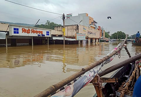 A view of buildings submerged in flood waters following heavy monsoon rainfall in Neemuch district of Madhya Pradesh