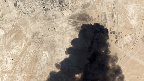 Satellite image provided by NASA Worldview shows fires following Yemen's Houthi rebels claiming a drone attack on two major oil installations in eastern Saudi Arabia. (File Photo | AP)