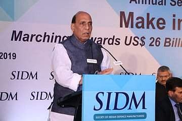 Rajnath Singh speaking at the annual conclave of Delhi-based Society of Indian Defence Manufacturers. (Photo | Twitter)