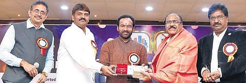 J Satyanand of Megha Engineering & Infrastructures Limited, receives Mokshagundam Visvesvaraya Award from Union Minister of State for Home Affairs G Kishan Reddy in Hyderabad on Monday