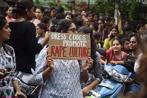 Students of St Francis College for Women, Hyderabad stage a protest aganist dress code impelmented by college managment at their college premises. (Photo | RVK Rao, EPS)