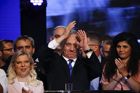 Israeli Prime Minister Benjamin Netanyahu addressees his supporters at party headquarters after elections in Tel Aviv, Israel, Wednesday. (Photo | AP)