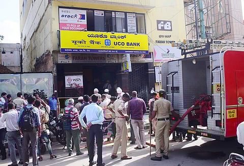 Fire broke out at UCO Bank located on MG Road, Bengaluru. (Photo | Pandarinath B, EPS)
