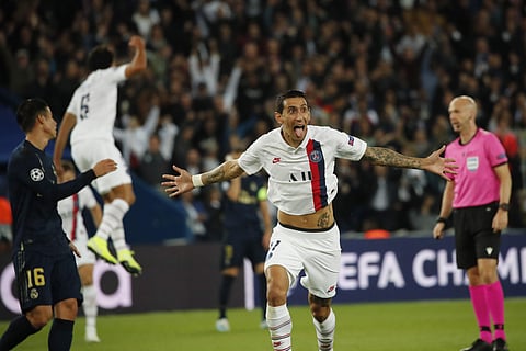 PSG's Angel Di Maria celebrates after scoring his side's second goal against Real Madrid. (Photo | AP)