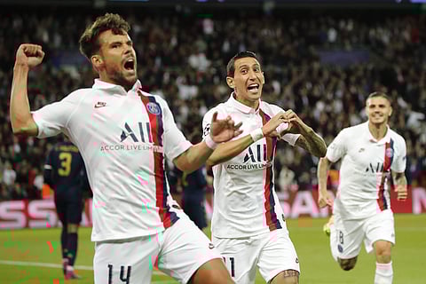 PSG's Angel Di Maria, center, celebrates with his teammates PSG's Juan Bernat, left, and PSG's Mauro Icardi after scoring his side's opening goal. (Photo | AP)