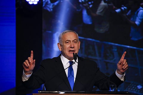 Benjamin Netanyahu addresses his party workers after election results. ( Photo | AP )
