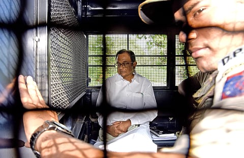 Former finance minister P Chidambaram being taken to Tihar jail after the Delhi court extended the judicial custody of Chidambaram till October 3. (Photo | Parveen Negi, EPS)