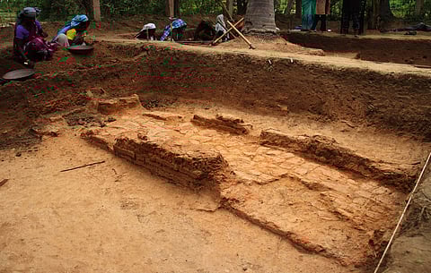 A view of the water channel which was unearthed during the fifth phase of archaeological excavation at Keezhadi in Sivaganga district. (Photo | K K Sundar, EPS)
