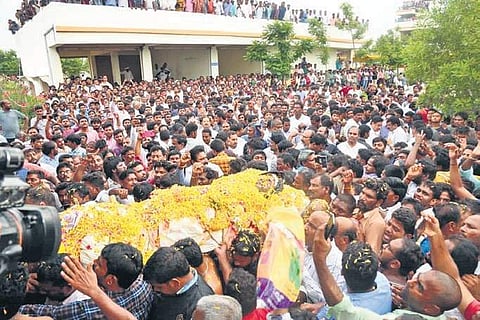 TDP followers, public participate in funeral procession of Kodela Sivaprasada Rao in Guntur district on Wednesday | Express
