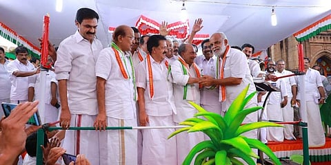 Congress working committee member A K Antony, along with UDF candidate Jose Tom and UDF leaders at the meeting in Pala on Wednesday | Express