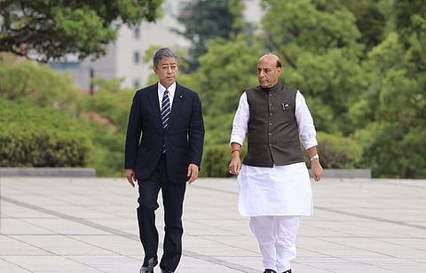 Defence Minister Rajnath Singh with his Japanese counterpart Takeshi Iwaya (L) in Tokyo (Photo | Twitter/ @rajnathsingh)
