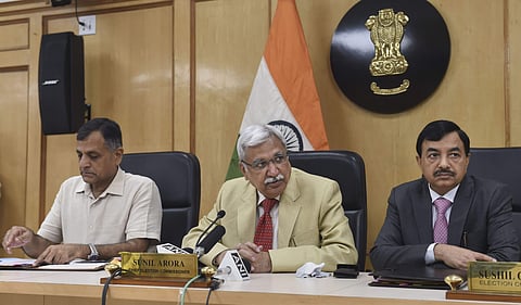 Chief Election Commissioner Sunil Arora flanked by Election Commissioners Ashok Lavasa (L) and Sunil Chandra during a press conference regarding Maharashtra and Haryana Assembly Elections at Election Commission in New Delhi Saturday September 21 2019. | P