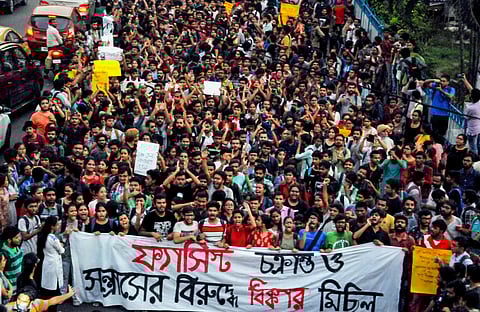 A section of Jadavpur University students participate in a protest march against the violence caused in their campus by ABVP supporters during the visit of Union Minister Babul Supriyo in Kolkata Friday September 20 2019. | PTI