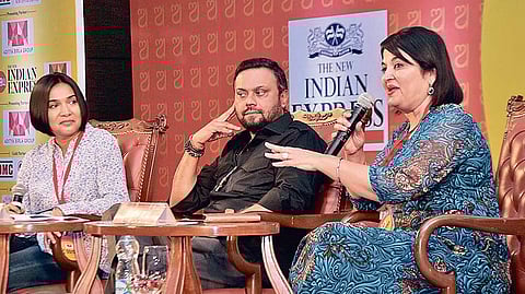 Authors Damayanti Biswas and Kishwar Desai with Consulting Editor of The New Indian Express Ravi Shankar Etteth speak on crime writing |( Photo | Biswanath Swain )