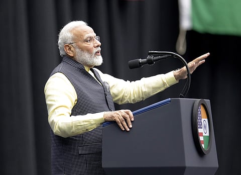 India Prime Minister Narendra Modi speaks during the 'Howdi Modi' event Sunday, September 22, 2019, at NRG Stadium in Houston. | (Photo | AP)